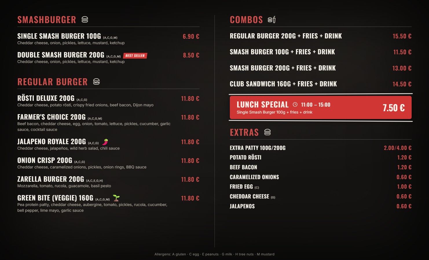 Burgerschmiede burger and combo menu card — full contents provided as text below