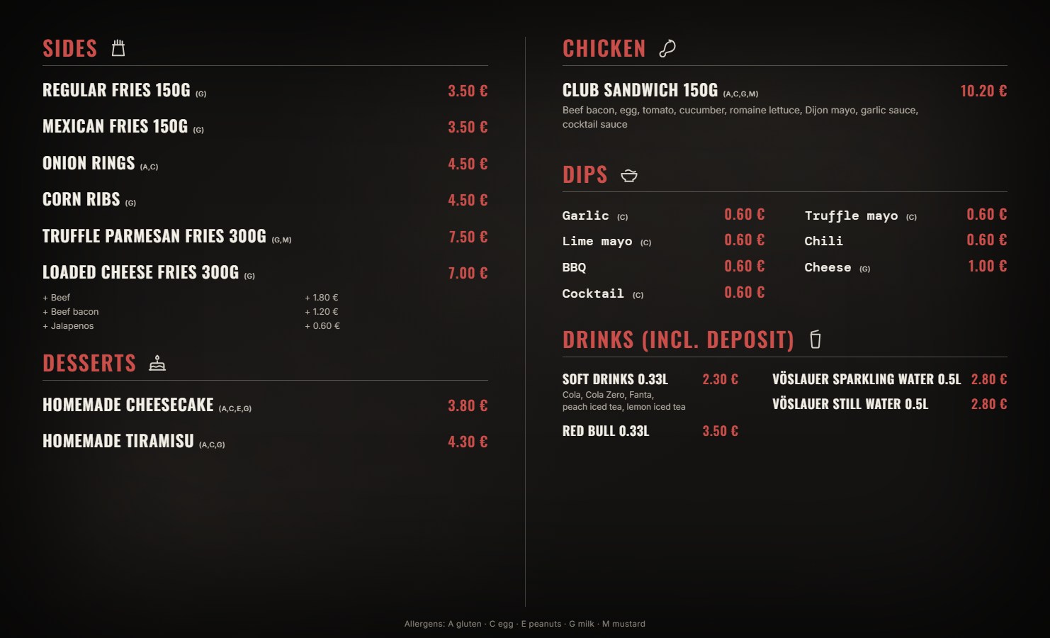 Burgerschmiede menu card with sides, chicken, dips, desserts and drinks — full contents provided as text below
